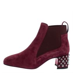 Pre Owned Christian Louboutin Burgundy Suede Study Block Heel Ankle Boots Size 37.5