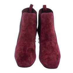 Pre Owned Christian Louboutin Burgundy Suede Study Block Heel Ankle Boots Size 37.5