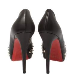 Pre Owned Christian Louboutin Black Leather Vendo Knock Studded Platform Peep Toe Pumps Size 38.5