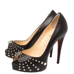 Pre Owned Christian Louboutin Black Leather Vendo Knock Studded Platform Peep Toe Pumps Size 38.5