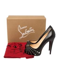 Pre Owned Christian Louboutin Black Leather Vendo Knock Studded Platform Peep Toe Pumps Size 38.5