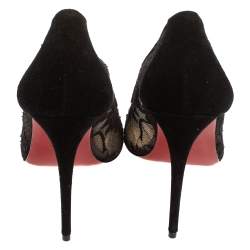 Pre Owned Christian Louboutin Black Lace And Suede Pigalace Pointed Toe Pumps Size 38.5