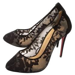 Pre Owned Christian Louboutin Black Lace And Suede Pigalace Pointed Toe Pumps Size 38.5