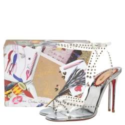 Pre Owned Christian Louboutin Silver Leather And PVC  Ankle Strap Sandals Size 38.5