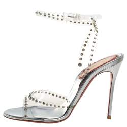 Pre Owned Christian Louboutin Silver Leather And PVC  Ankle Strap Sandals Size 38.5