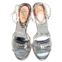 Pre Owned Christian Louboutin Silver Leather And PVC  Ankle Strap Sandals Size 38.5
