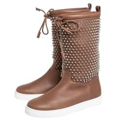 Pre Owned Christian Louboutin Brown Leather Surlapony Spiked Mid Calf Boots Size 41.5