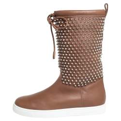 Pre Owned Christian Louboutin Brown Leather Surlapony Spiked Mid Calf Boots Size 41.5