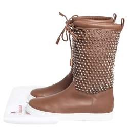 Pre Owned Christian Louboutin Brown Leather Surlapony Spiked Mid Calf Boots Size 41.5