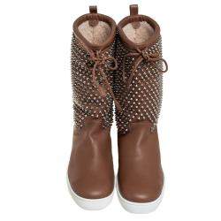 Pre Owned Christian Louboutin Brown Leather Surlapony Spiked Mid Calf Boots Size 41.5