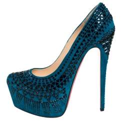 Pre Owned Christian Louboutin Blue Suede Decorapump Embellished Platform  Pumps Size 39