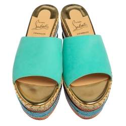Pre Owned Christian Louboutin Blue Nubuck Leather Myriama Espadrille Wedge Sandals Size 39