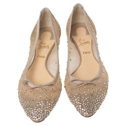 Pre Owned Christian Louboutin Beige Mesh And Leather Strass Patio Ballet Flats Size 35.5