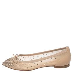 Pre Owned Christian Louboutin Beige Mesh And Leather Strass Patio Ballet Flats Size 35.5
