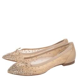 Pre Owned Christian Louboutin Beige Mesh And Leather Strass Patio Ballet Flats Size 35.5