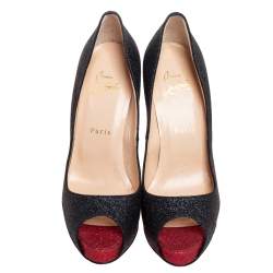 Pre Owned Christian Louboutin Black Glitter Very Prive Peep Toe Pumps Size 38