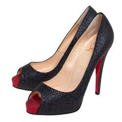 Pre Owned Christian Louboutin Black Glitter Very Prive Peep Toe Pumps Size 38