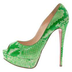 مملوكة مسبقًا Christian Louboutin Green Python Lady Peep Toe Platform Pumps Size 37.5