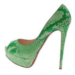 مملوكة مسبقًا Christian Louboutin Green Python Lady Peep Toe Platform Pumps Size 37.5
