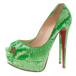 مملوكة مسبقًا Christian Louboutin Green Python Lady Peep Toe Platform Pumps Size 37.5