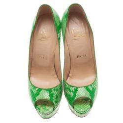 مملوكة مسبقًا Christian Louboutin Green Python Lady Peep Toe Platform Pumps Size 37.5