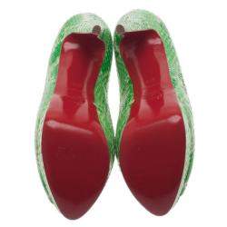 مملوكة مسبقًا Christian Louboutin Green Python Lady Peep Toe Platform Pumps Size 37.5