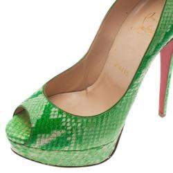 مملوكة مسبقًا Christian Louboutin Green Python Lady Peep Toe Platform Pumps Size 37.5