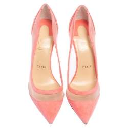 Pre Owned Christian Louboutin Peach Mesh And Suede Galativi Pointed Toe Pumps Size 39.5