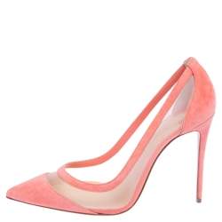 Pre Owned Christian Louboutin Peach Mesh And Suede Galativi Pointed Toe Pumps Size 39.5