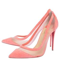 Pre Owned Christian Louboutin Peach Mesh And Suede Galativi Pointed Toe Pumps Size 39.5