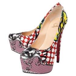 Pre Owned Christian Louboutin Multicolor Loubi Print Fabric Daffodile Platform Pumps Size 40