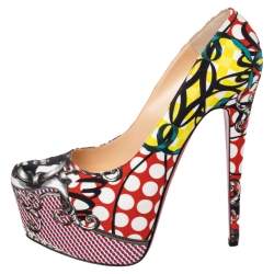 Pre Owned Christian Louboutin Multicolor Loubi Print Fabric Daffodile Platform Pumps Size 40