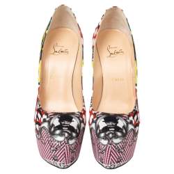 Pre Owned Christian Louboutin Multicolor Loubi Print Fabric Daffodile Platform Pumps Size 40