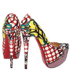 Pre Owned Christian Louboutin Multicolor Loubi Print Fabric Daffodile Platform Pumps Size 40