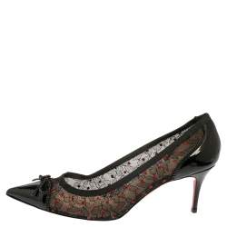 Pre Owned Christian Louboutin Black Lace and Patent Leather Souris Bow Pointed Toe Pumps Size 41