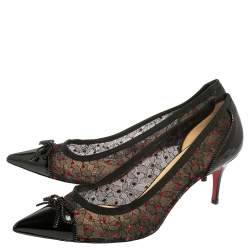Pre Owned Christian Louboutin Black Lace and Patent Leather Souris Bow Pointed Toe Pumps Size 41