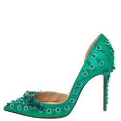 Pre Owned Christian Louboutin Green Satin Brodiriza Embellished D'orsay Pumps Size 39