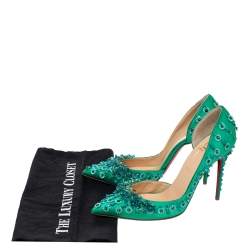 Pre Owned Christian Louboutin Green Satin Brodiriza Embellished D'orsay Pumps Size 39