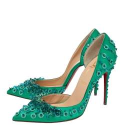 Pre Owned Christian Louboutin Green Satin Brodiriza Embellished D'orsay Pumps Size 39