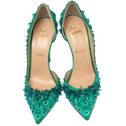 Pre Owned Christian Louboutin Green Satin Brodiriza Embellished D'orsay Pumps Size 39