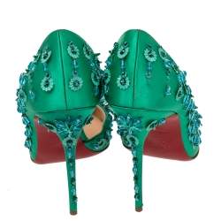 Pre Owned Christian Louboutin Green Satin Brodiriza Embellished D'orsay Pumps Size 39