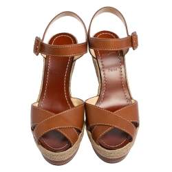 Pre Owned Christian Louboutin Brown Leather Almeria Wedge Sandals Size 38