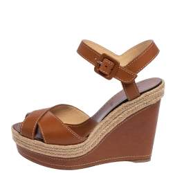 Pre Owned Christian Louboutin Brown Leather Almeria Wedge Sandals Size 38