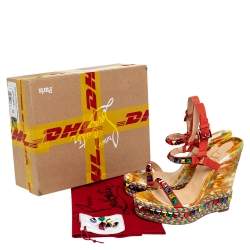 Pre Owned Christian Louboutin Multicolor Studded Suede Cataclou Espadrille Wedge Sandals Size 40
