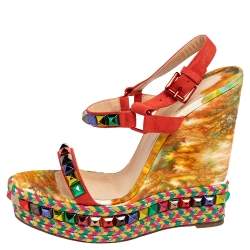 Pre Owned Christian Louboutin Multicolor Studded Suede Cataclou Espadrille Wedge Sandals Size 40