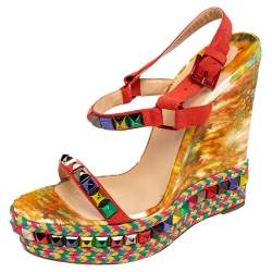 Pre Owned Christian Louboutin Multicolor Studded Suede Cataclou Espadrille Wedge Sandals Size 40