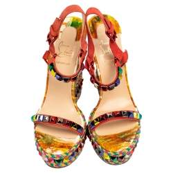 Pre Owned Christian Louboutin Multicolor Studded Suede Cataclou Espadrille Wedge Sandals Size 40