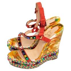 Pre Owned Christian Louboutin Multicolor Studded Suede Cataclou Espadrille Wedge Sandals Size 40