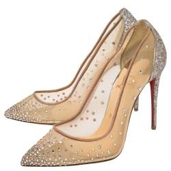 Christian Louboutin  Beige Mesh, Glitter And Leather Follies Strass  Pumps Size 36.5