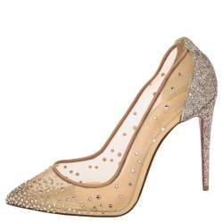 Christian Louboutin  Beige Mesh, Glitter And Leather Follies Strass  Pumps Size 36.5